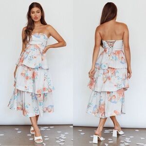 Outshine Strapless Tiered Midi Dress Floral in Peach